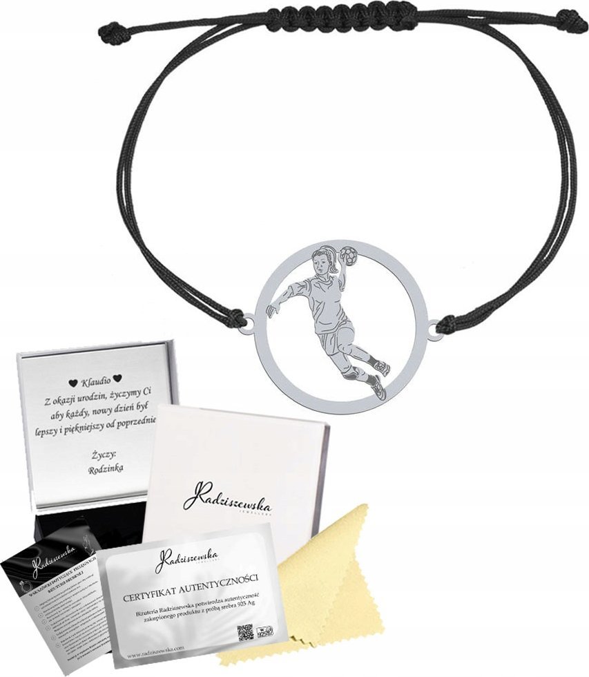 Radziszewska Jewellery Bransoletka Srebrna Piłka Ręczna Kobieta 925 Sznurek GRAWER GRATIS