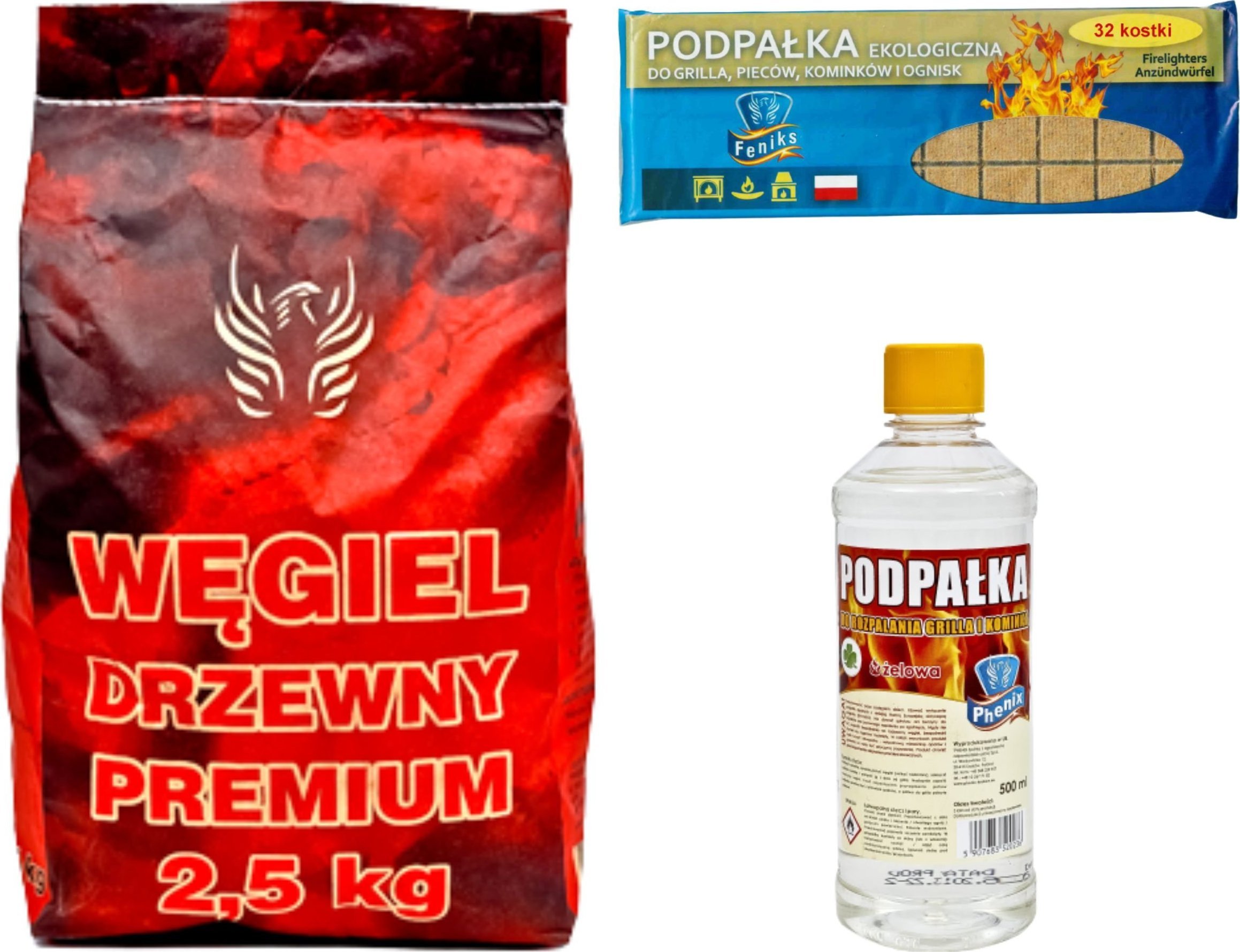 Feniks Węgiel drzewny 2,5kg, Podpałka do rozpalania grilla Komplet do grillowania