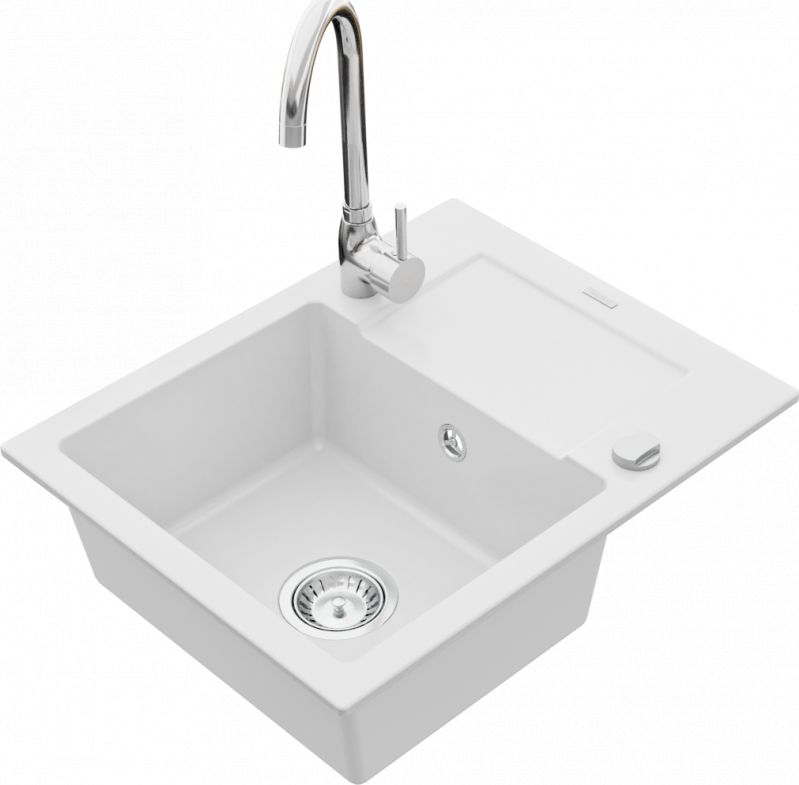 Zlewozmywak Mexen Enzo granitowy 1-komorowy z ociekaczem i baterią kuchenną Telma, biały - 6506-20-670200-00