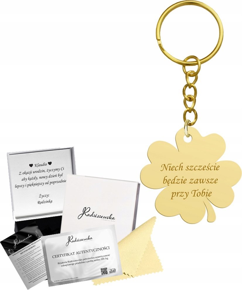 Radziszewska Jewellery Brelok Złoty Koniczyna na Szczęście SREBRO 925 Prezent GRAWER GRATIS