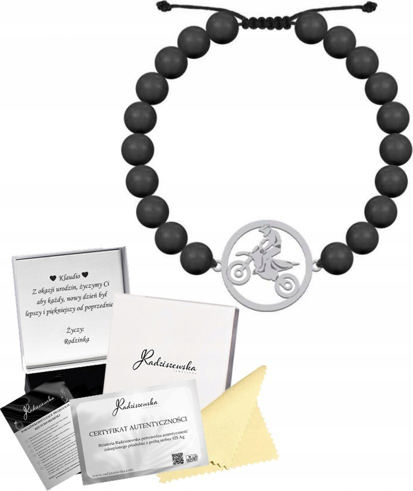 Radziszewska Jewellery Bransoleta Męska Motocross Srebro 925 Perły Prezent Dzień Chłopaka GRAWER