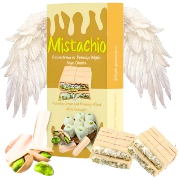 Angel Hair White Chocolate, biała czekolada z pistacjami i anielskim włosiem 80g - Mistachio