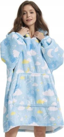 Bluza pluszowa z kapturem comfy koc oversize ciepła błękitna chmury słonik