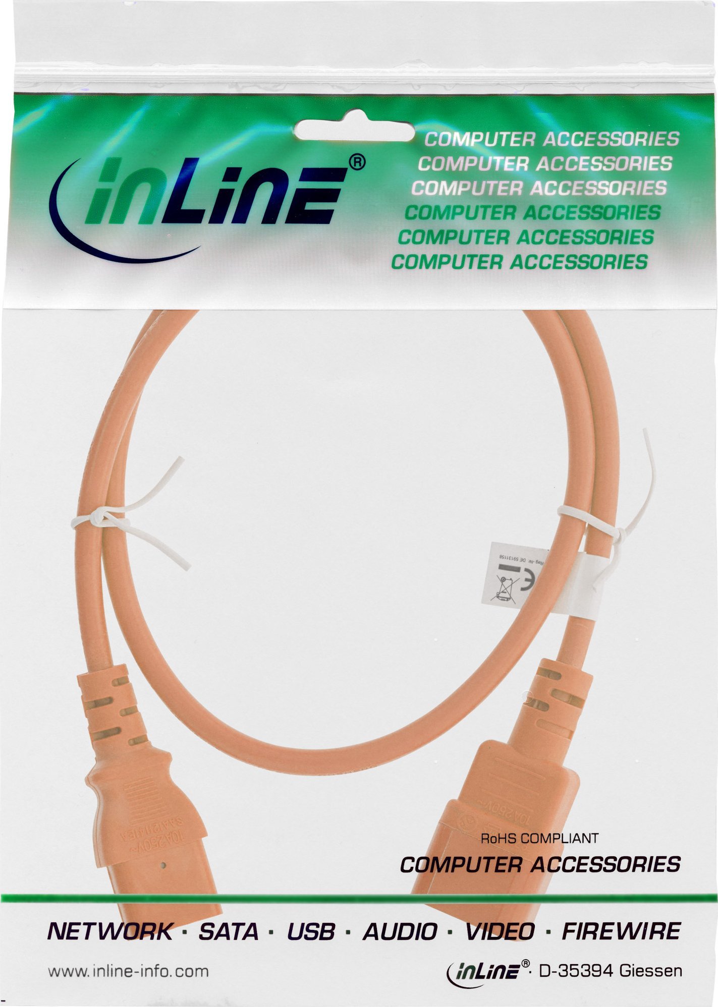 Kabel zasilający InLine INLINE Netzkabel Kaltgeraeteverlaengerung C13 zu C14 0,3m orange