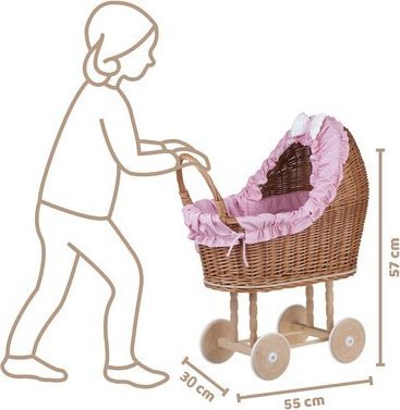 WickerPL LULU WIKLINOWY WÓZEK DLA LALEK Z POŚCIELĄ 55X30 H67 CM