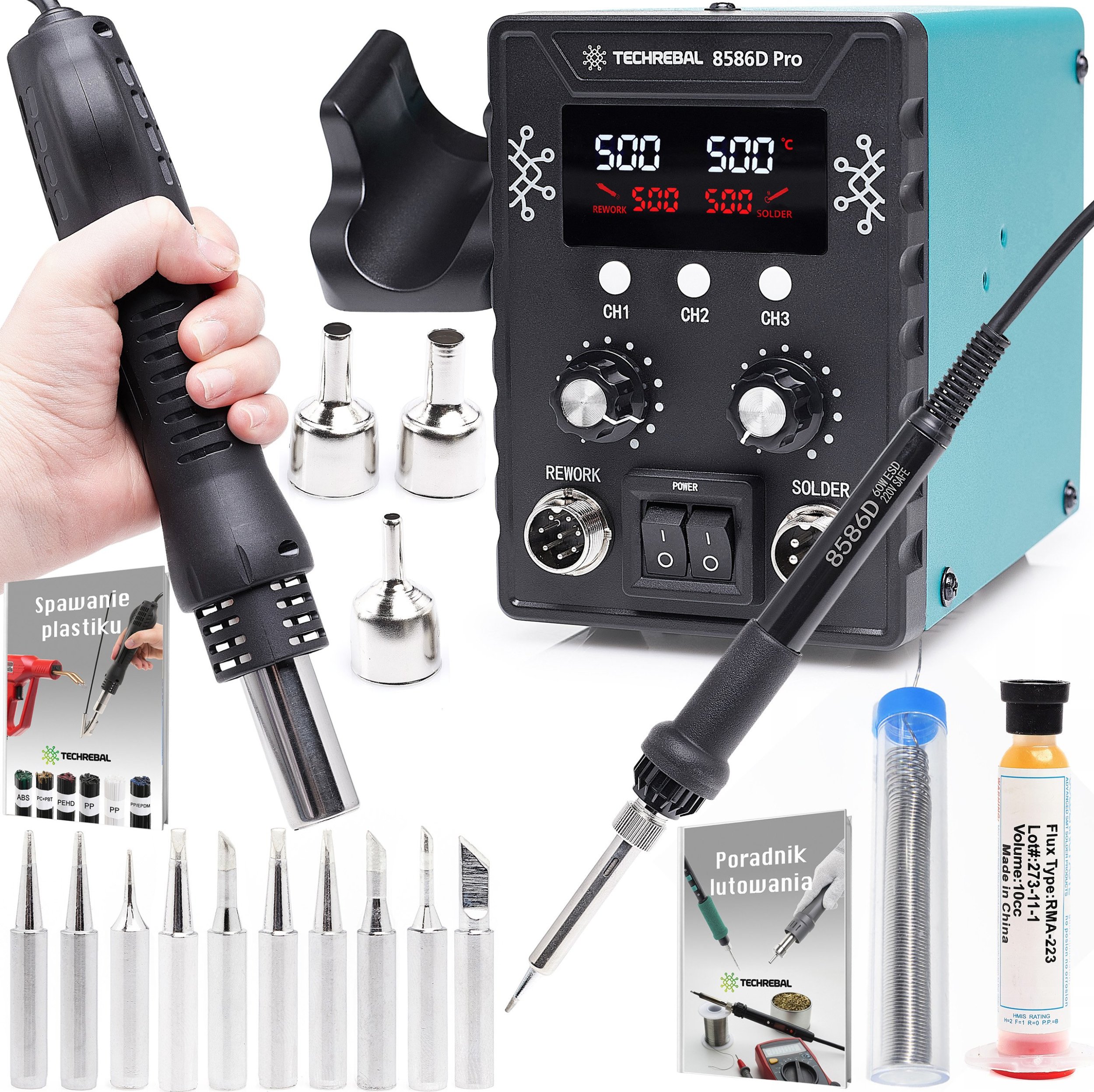 Zestaw Stacja Lutownicza 2w1 Hot-Air 8586 760W Kolba Groty Dysze Techrebal