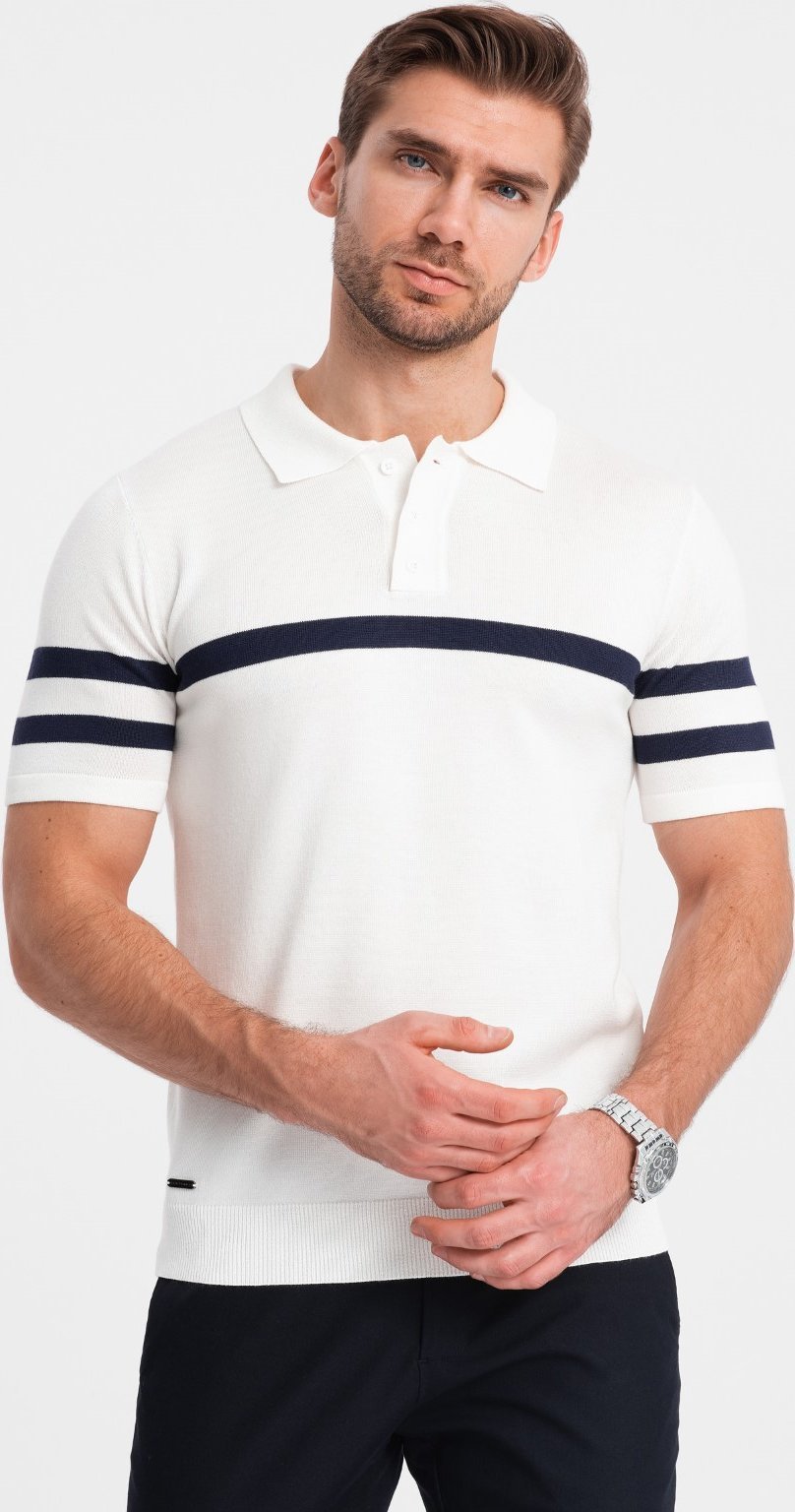 Ombre Koszulka męska polo z miękkiej dzianiny z kontrastowymi pasami - biała V1 OM-POSS-0118 XL