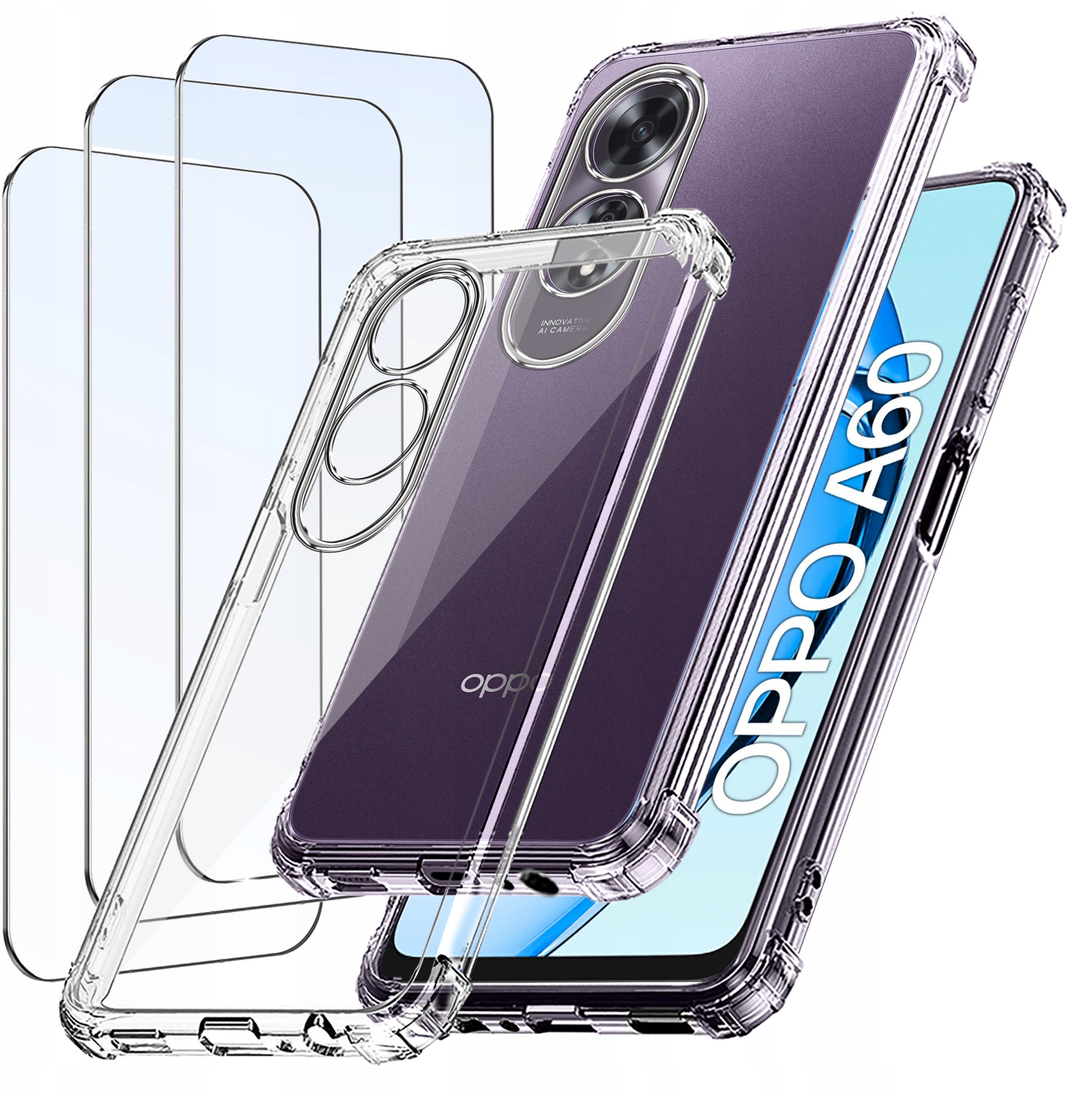 ZESTAW Etui do Oppo A60 ANTI-SHOCK CLEAR WZMACNIANE +3 SZTUKI SZKŁO
