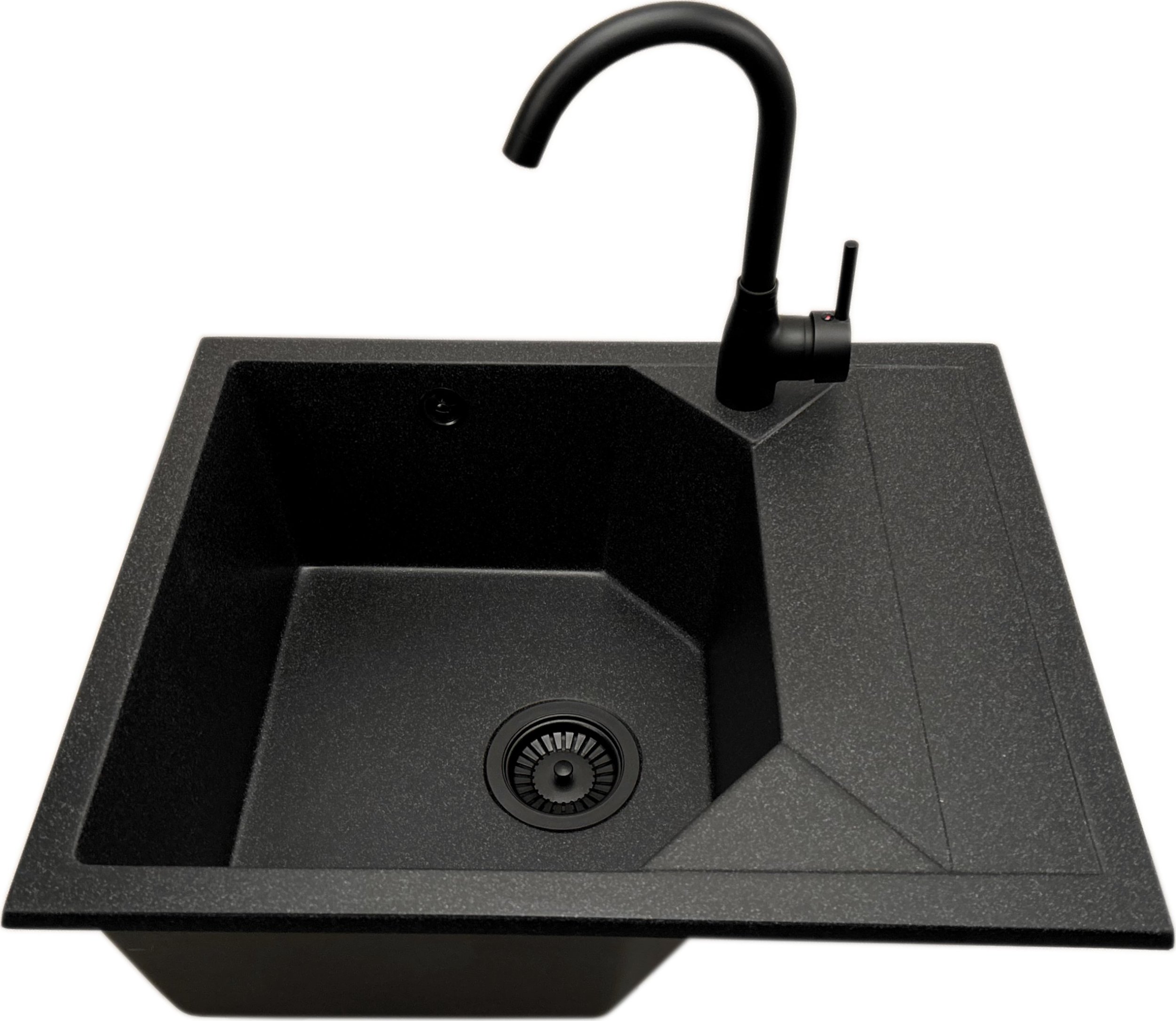 Zlewozmywak PREHNIT Zlewozmywak jednokomorowy z ociekaczem POLLO grafit z prawym ociekaczem + bateria + syfon czarny