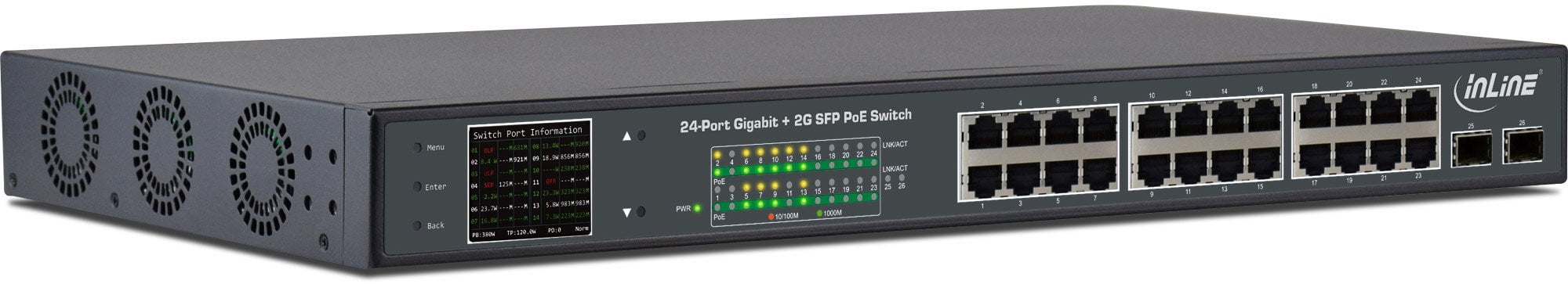 Switch InLine InLine PoE+ Gigabit Network Switch 24 Portowy, 1GBit/s, 2x SFP, 48,26cm (19", mocowanie), Metal, z wyświetlaczem, 420W