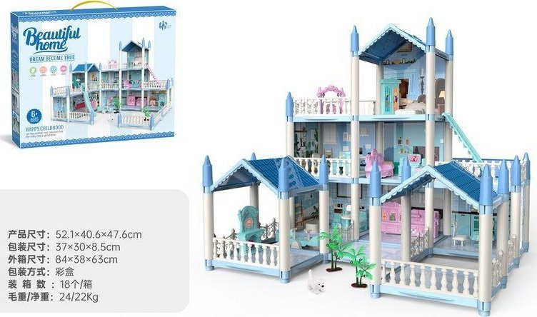 Ramiz 3-piętrowy domek dla lalek Niebieska willa z wyposażeniem