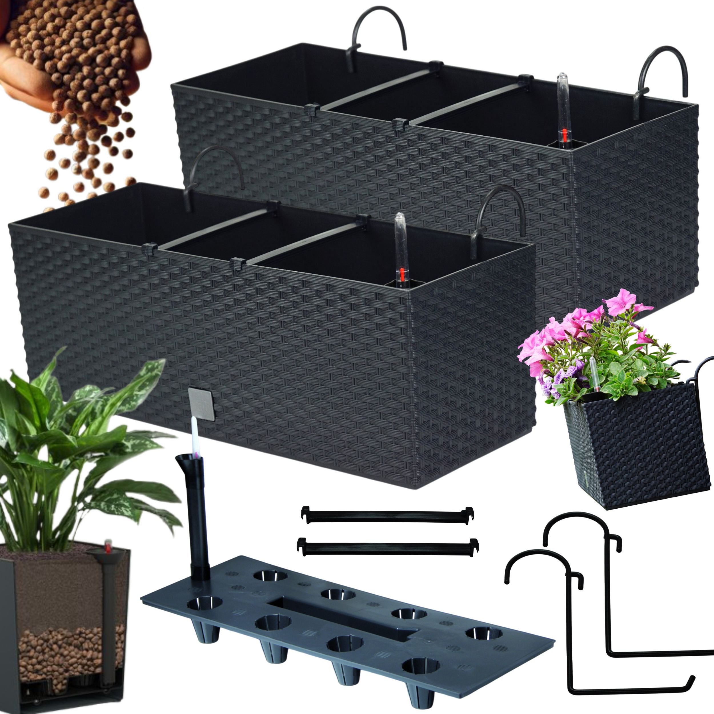 2x Doniczka balkonowa 51cm + uchwyty / haki, nawadniacz Skrzynka na balkon + keramzyt 5l