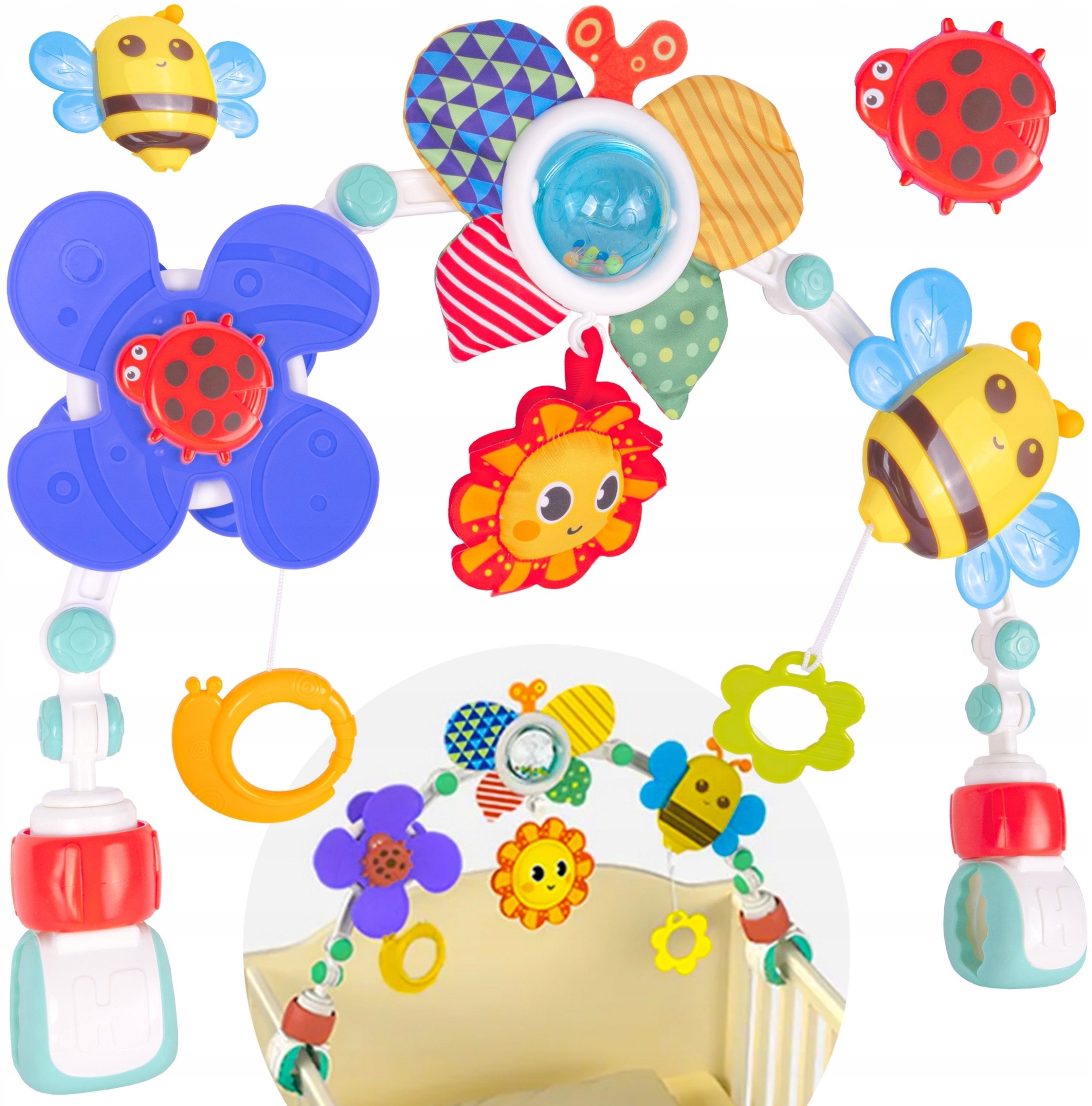 Pałąk z zabawkami do łóżeczka i wózka zwierzątka grzechotki dla niemowląt