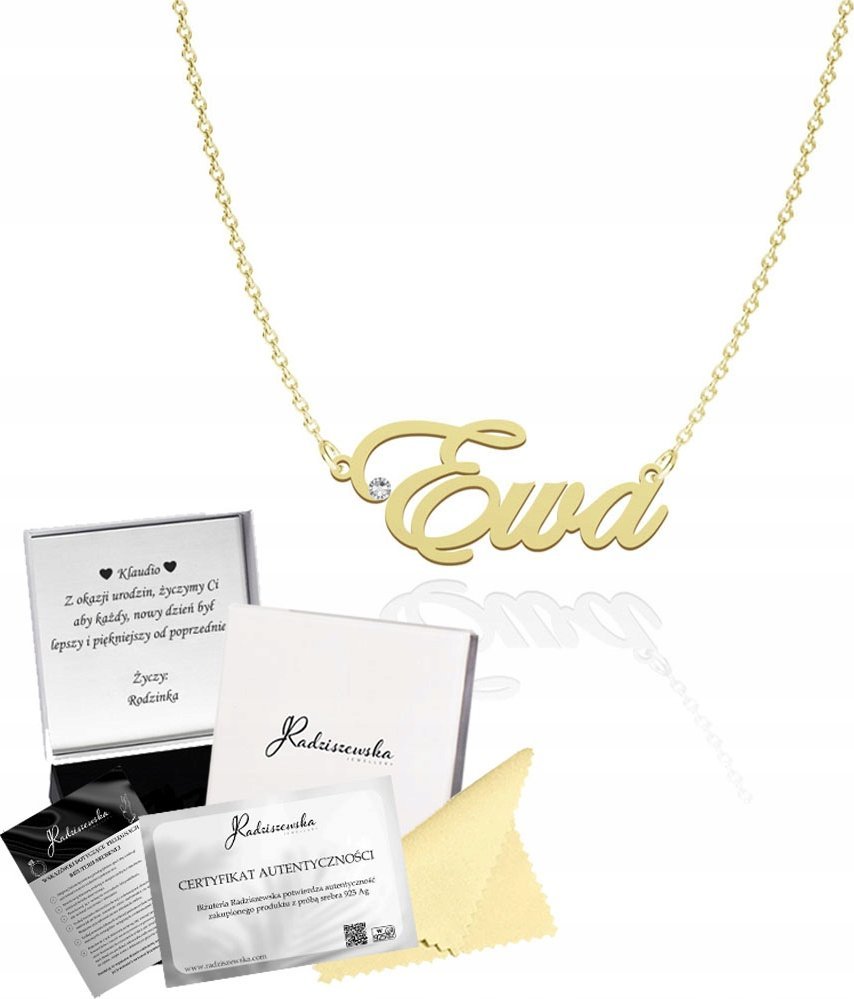 Radziszewska Jewellery Złoty Naszyjnik z Imieniem EWA Łańcuszek SREBRO 925 DEDYKACJA GRATIS