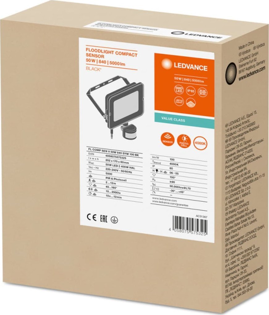 Naświetlacz Ledvance Projektor LED FLOOD COMPACT SENSOR V 50W 840 SYM 100 BK 4058075575325