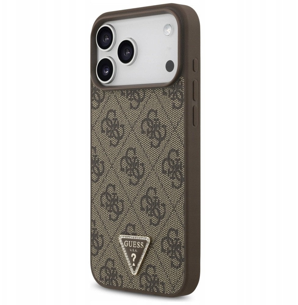 Guess Etui Leather 4G Triangle Strass MagSafe do iPhone 17 Pro Max brązowy