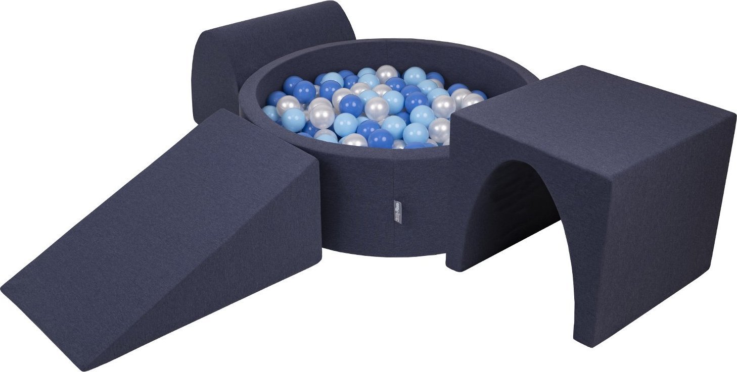 KiddyMoon Piankowy plac zabaw PPZP-OK30D-124 z piłeczkami granatowy: babyblue-niebieski-perła basen 200/klin L/górka/tunel Zabawka plac zabaw
