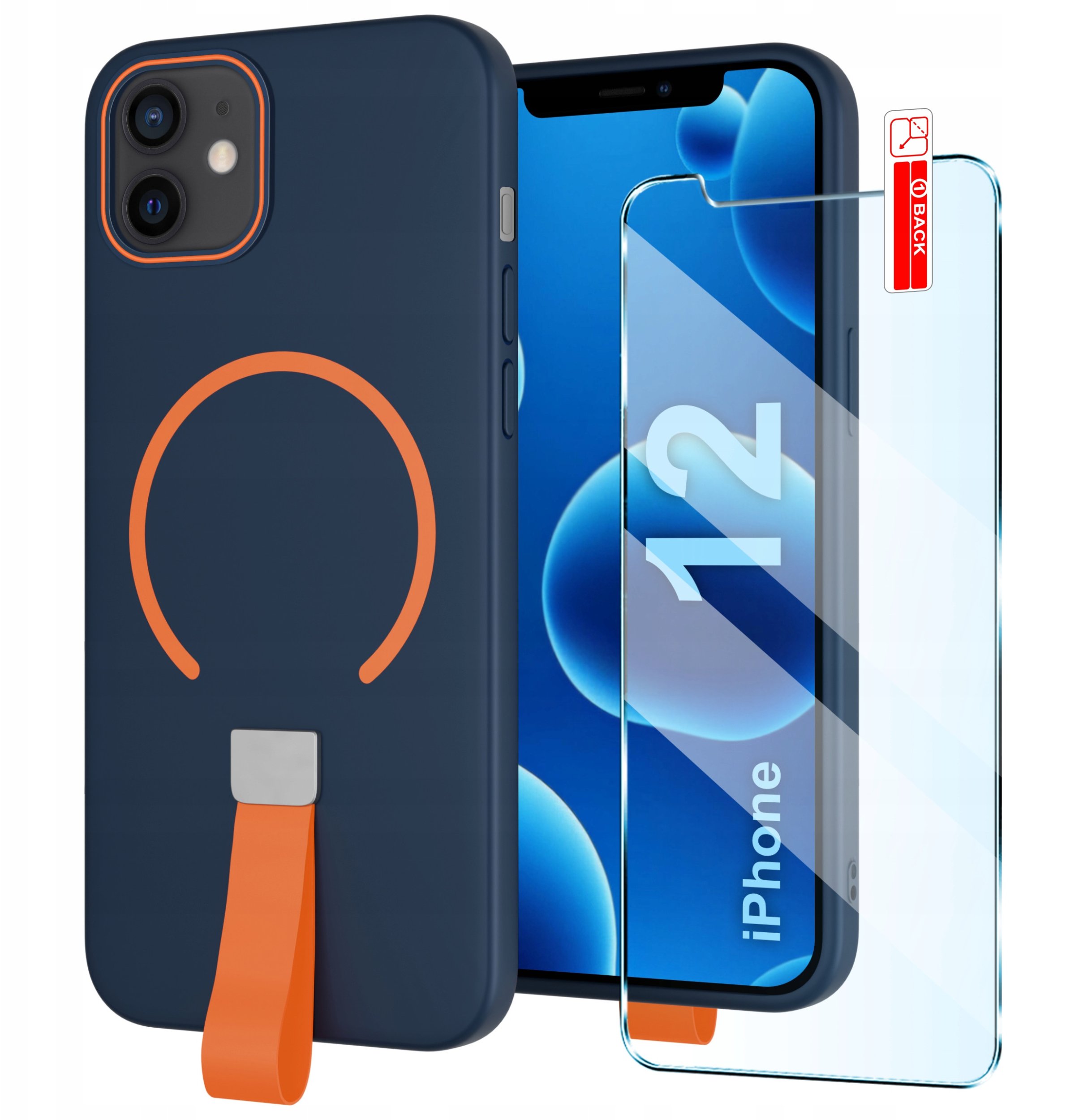 Etui z Paskiem na palec Matowe GRANATOWE do iPhone 12 |do MagSafe +Szkło