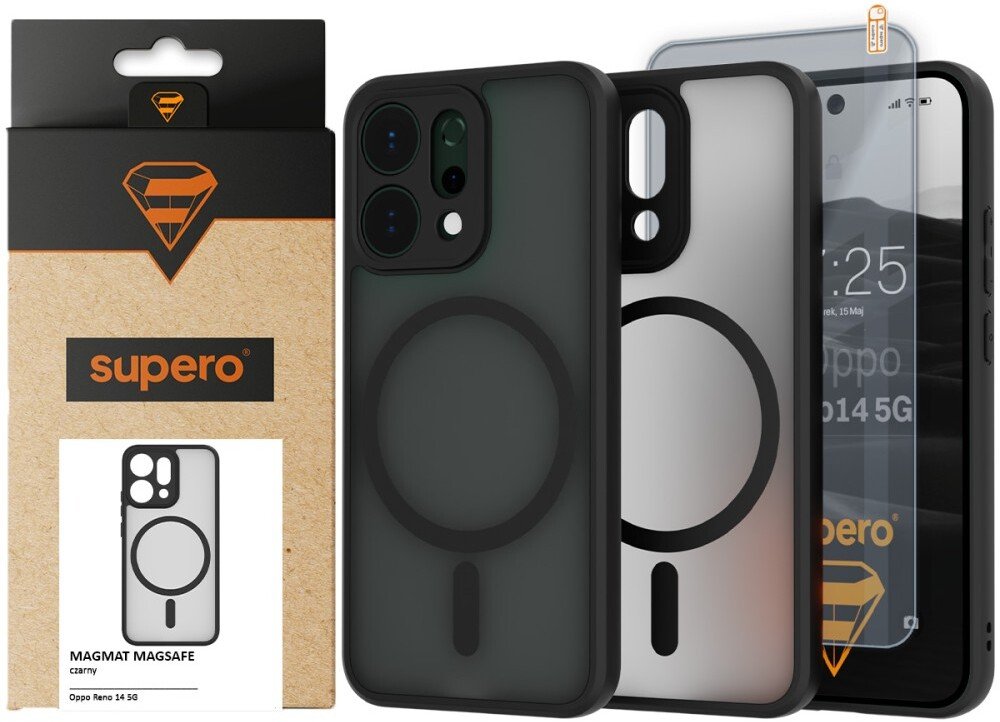 SUPERO Etui matowy MagSafe do Oppo Reno 14 5G, czarne + szkło