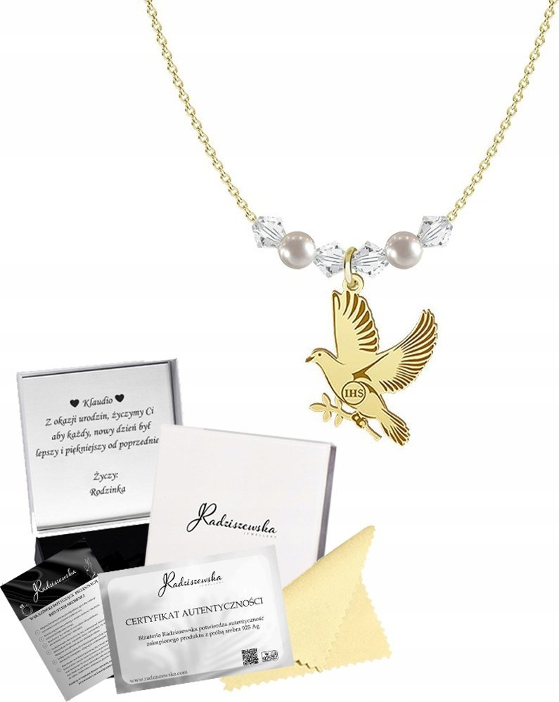 Radziszewska Jewellery Naszyjnik Złoty Gołąb IHS Łańcuszek I KOMUNIA ŚWIĘTA Prezent 925 GRAWER