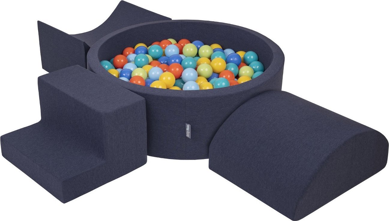 KiddyMoon Piankowy plac zabaw PPZP-OK30D-134 z piłeczkami granatowy: jasny zielony-pomarańcz-turkus-niebieski-babyblue-żółty basen 300/rampa L/półwałe