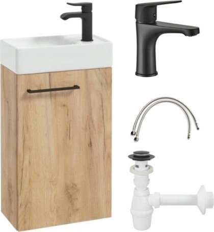 Deftrans Szafka łazienkowa z umywalką dąb craft + bateria czarna + syfon 40 Small