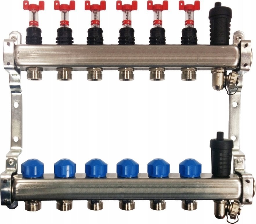 Kisan Rozdzielacz KRIPT-6obw. 1" ze stali nierdzewnej, do ogrzewań płaszczyznowych i grzejnikowych z wyjściem do złączek G3/4" Eurokonus, dł 395 [1]