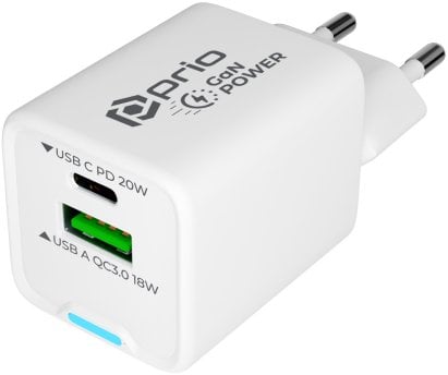 Prio tīkla lādetājs GaN 20W PD USB-C + QC 3.0 USBA PWC-1306 (4067397046192)