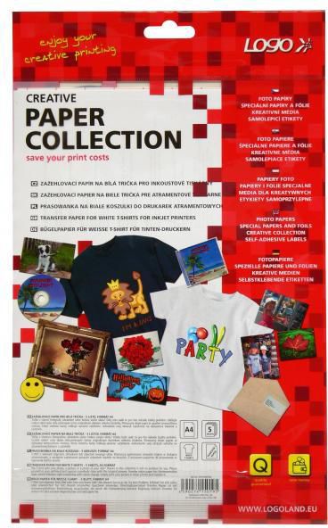 Logo Prasowanka, papier do białej koszulki, biały, A4, 5 arkusza, do drukarek atramentowych, L (15019)