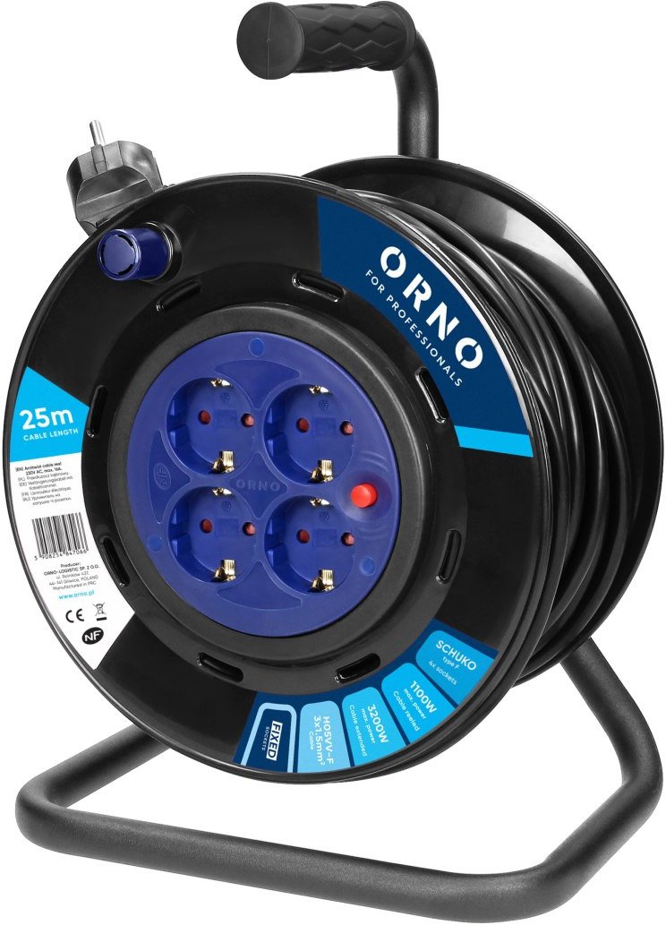 Przedłużacz bębnowy, 4 gniazda 2P+Z Schuko, kabel PVC H05VV-F 3x1,5mm2, długość 25m, stałe gniazda, termik, przesłony torów prąd