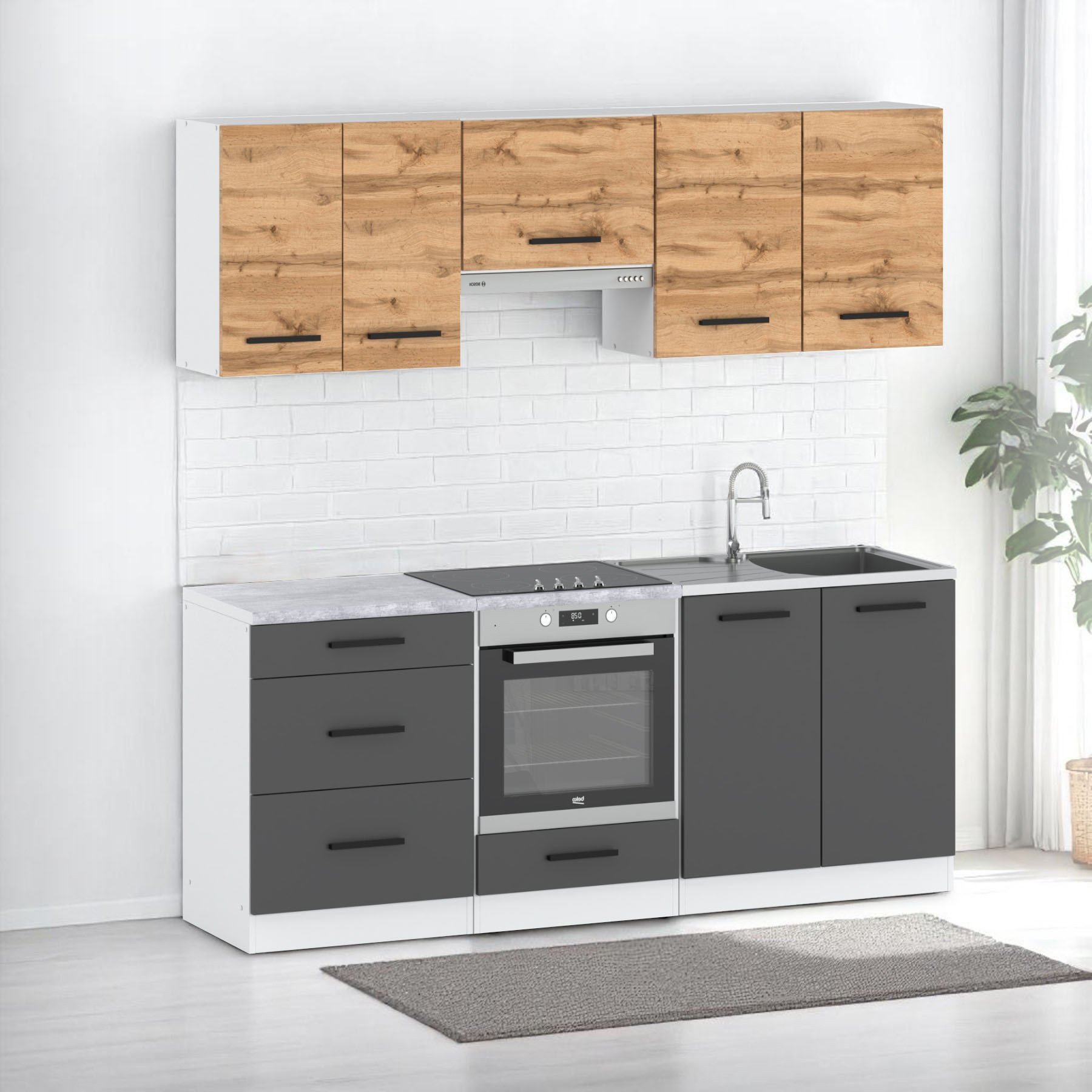 Meble Kuchenne Nowoczesne Modułowe Z Blatem Małe 2.0m Białe Dąb Wotan Szary