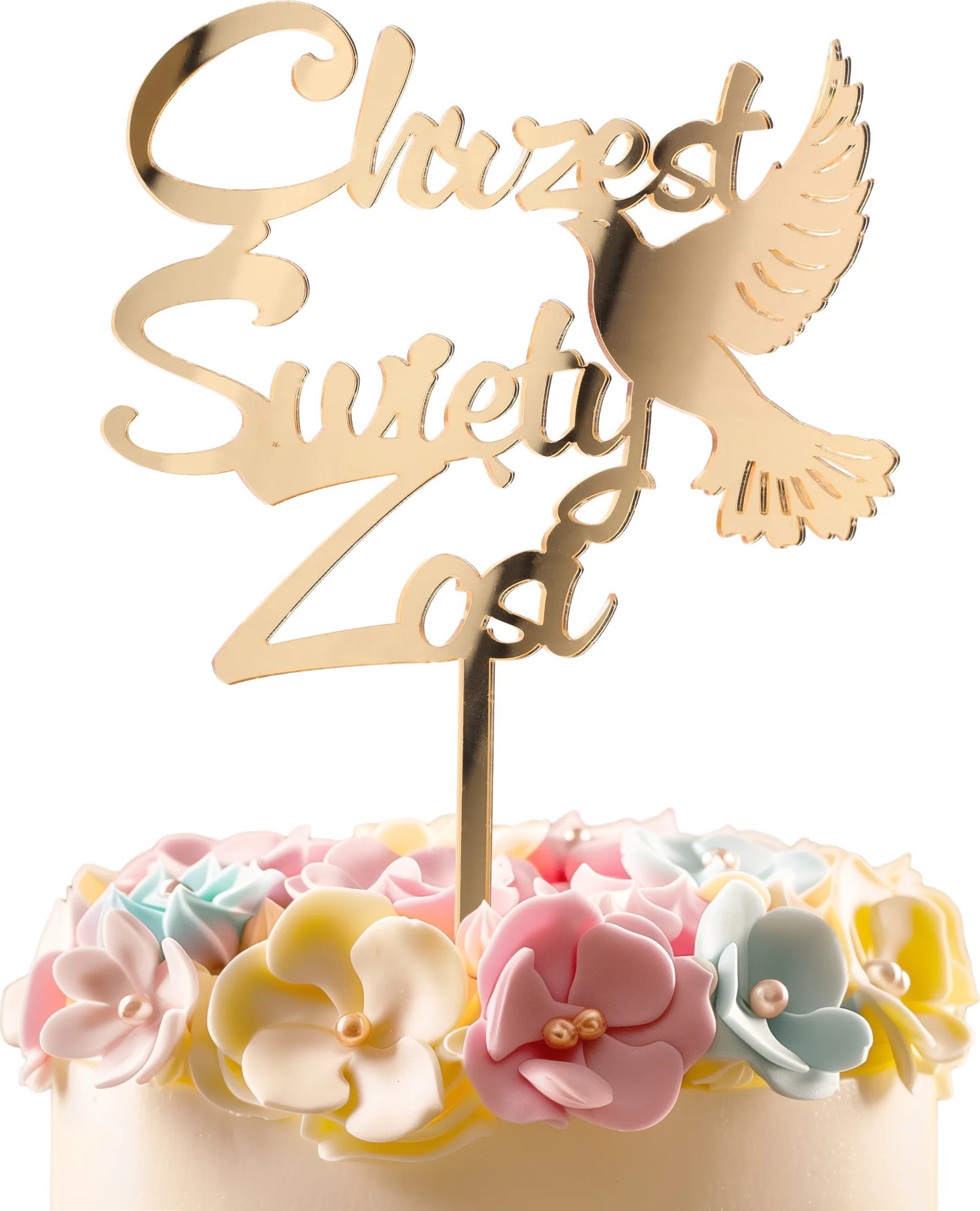 Topper na CHRZEST święty PERSONALIZACJA toper na TORT złoto PLEXI gołąbek