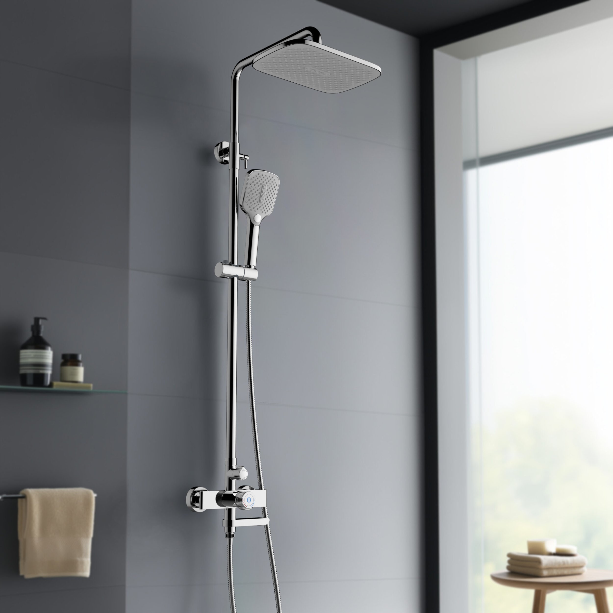Shower system RUBINETA VENETO, rain and hand shower, swivel mixer, chrome color