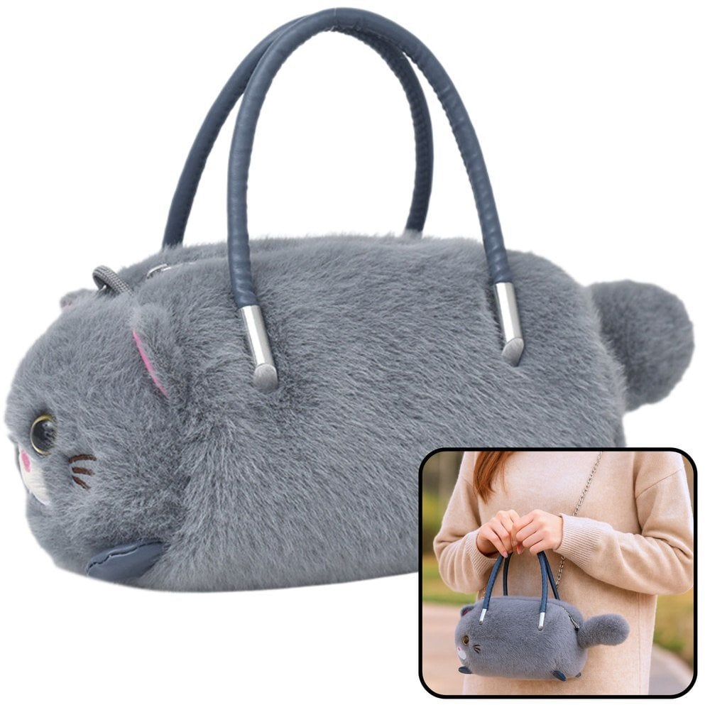 Pluszowa Torebka W Kształcie Kota Uchwyty Łańcuszek Szara