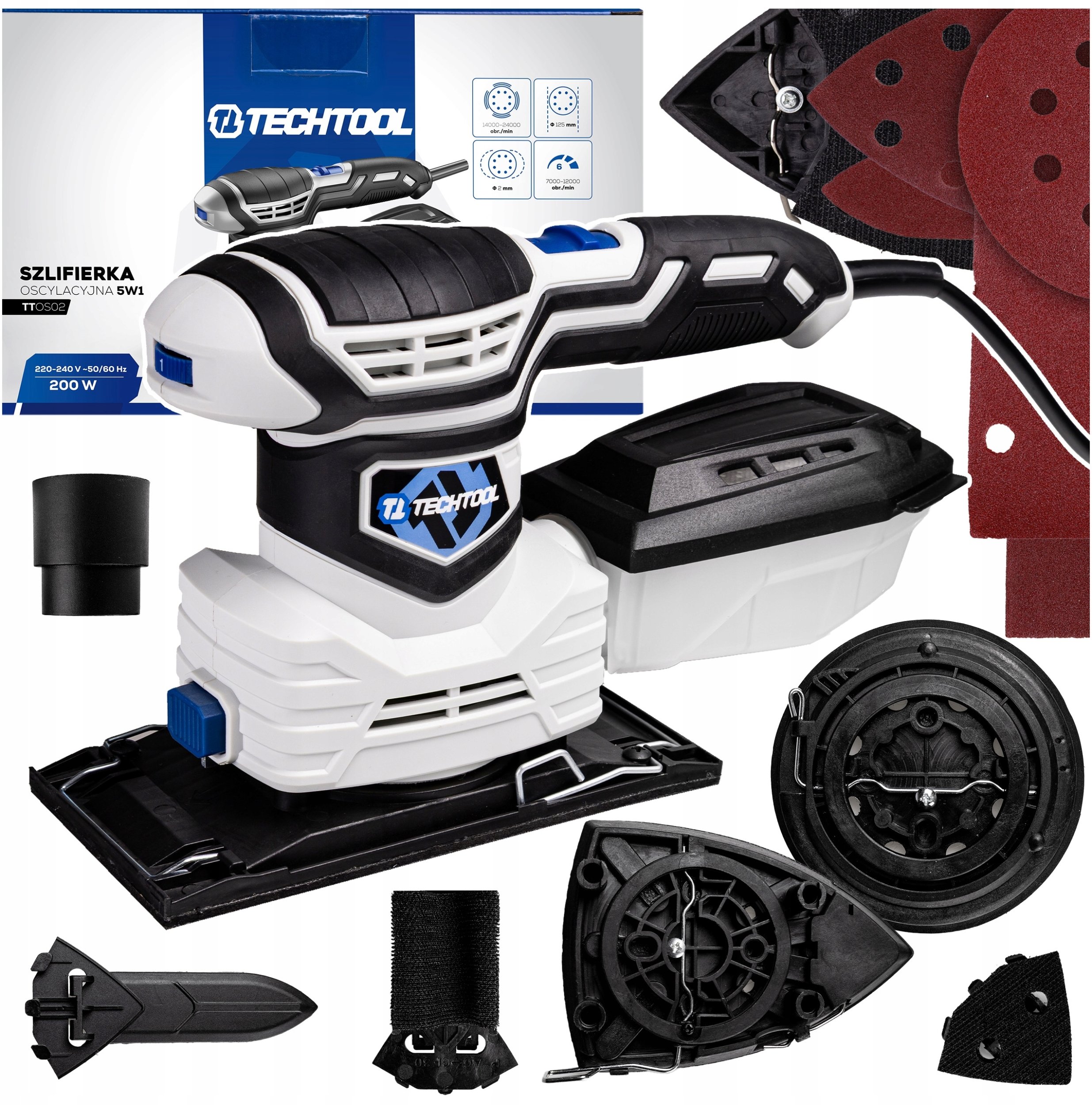 SZLIFIERKA OSCYLACYJNA MIMOŚRODOWA DO DREWNA 5w1 WIELOFUNKCYJNA TECHTOOL