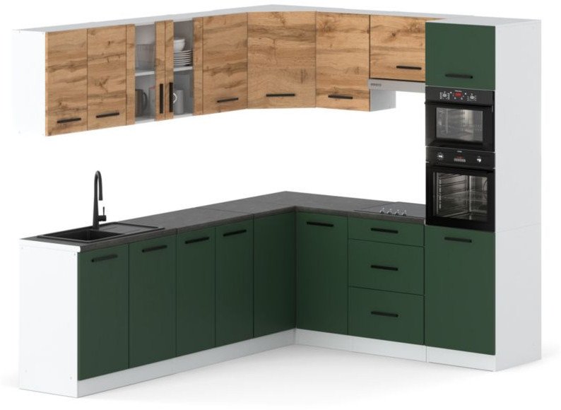 Kuchnia Duża Modułowa Blat Marra Narożna 4.6m Biała Wotan Butelkowa Zieleń