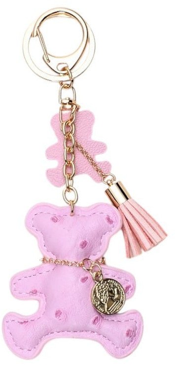 Brelok do kluczy skórzany MIŚ różowy, frędzle BRL356