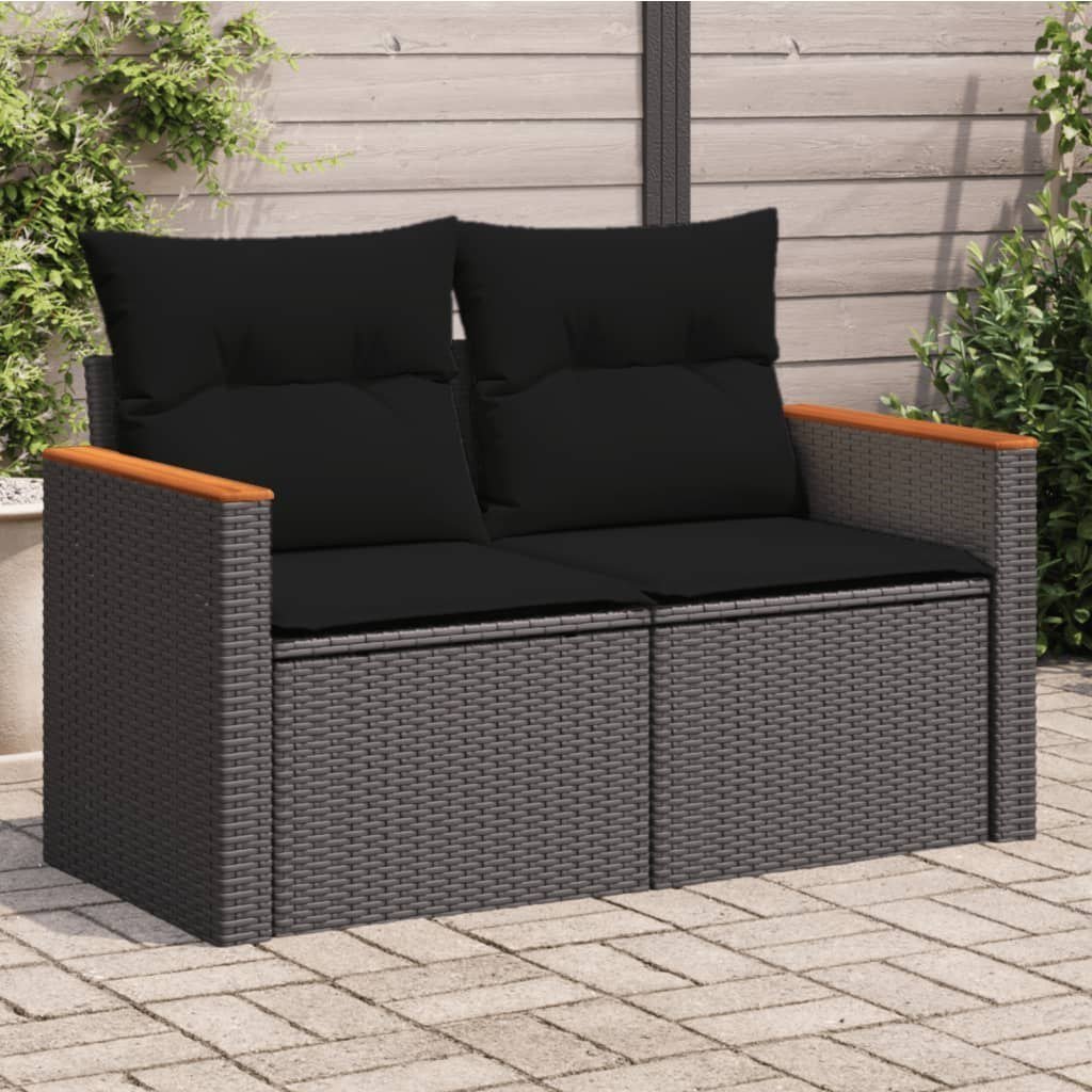 vidaXL Sofa ogrodowa z poduszkami, 2-osobowa, czarna, polirattan