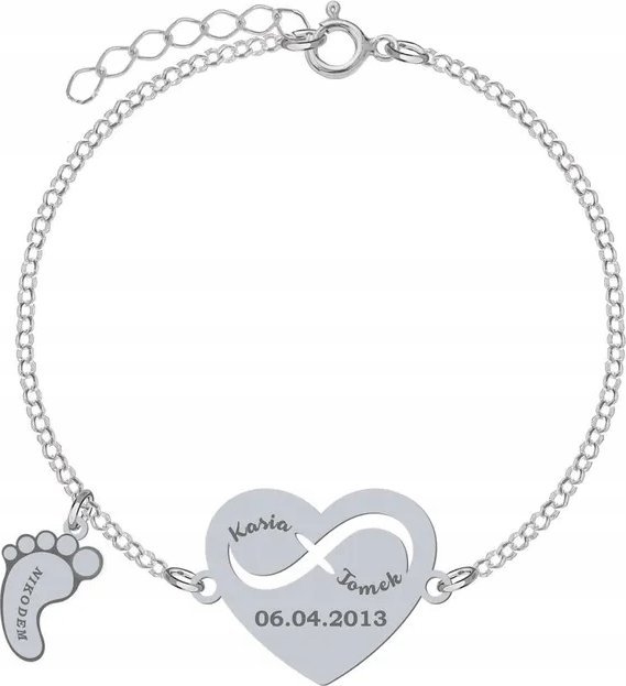 Radziszewska Jewellery Bransoletka Srebrna Imię Dziecka Serce Data 925 Dzień Mamy Prezent GRAWER