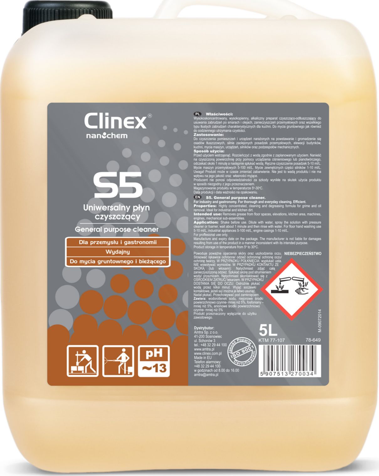 Clinex Uniwersalny płyn czyszczący do uporczywych zabrudzeń CLINEX S5 5L Uniwersalny płyn czyszczący do uporczywych zabrudzeń CLINEX S5 5L