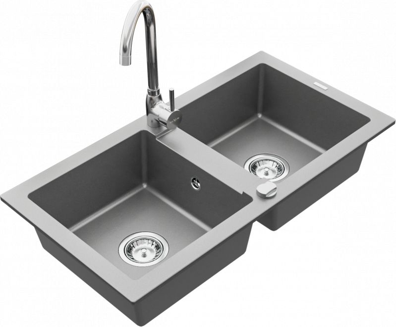Zlewozmywak Mexen Mario zlewozmywak granitowy 2-komorowy z baterią kuchenną Telma, szary - 6504-71-670200-00