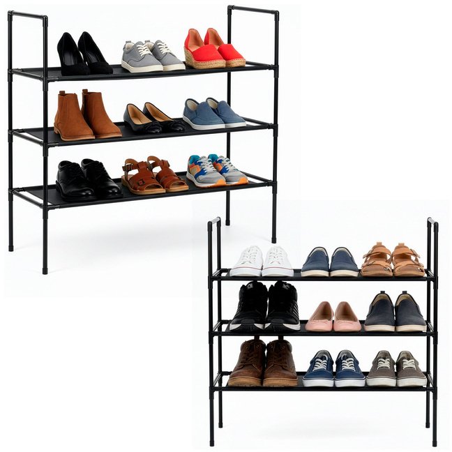 Regał na buty 3 poziomy szafka metalowa z półkami na obuwie 70x72x28 cm czarna UNIWERSALNY