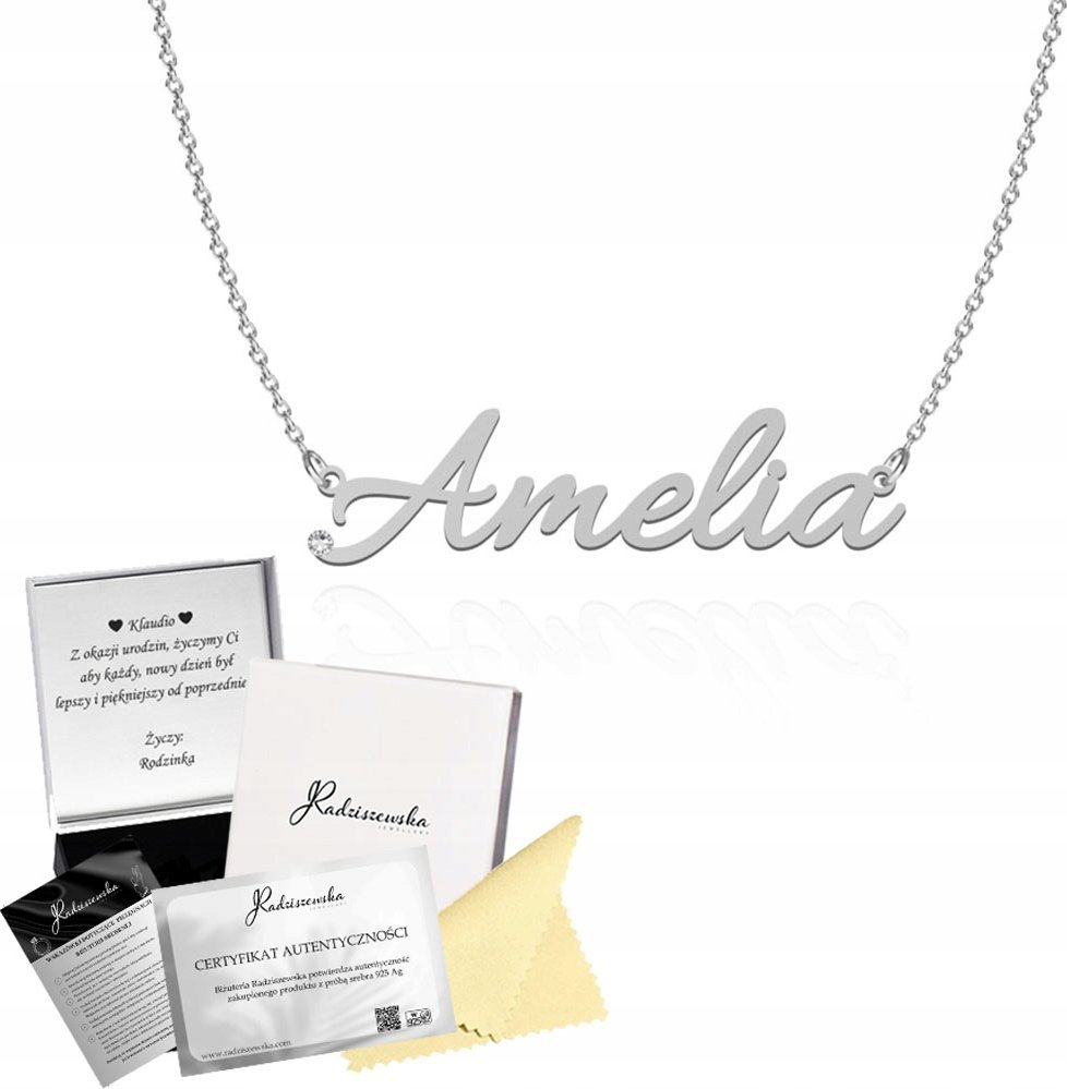 Radziszewska Jewellery Naszyjnik SREBRNY z imieniem AMELIA 925 Łańcuszek Prezent DEDYKACJA GRATIS