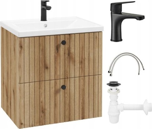 Deftrans Zestaw szafka łazienkowa dąb evoke lamele z umywalką baterią i syfonem Rietti