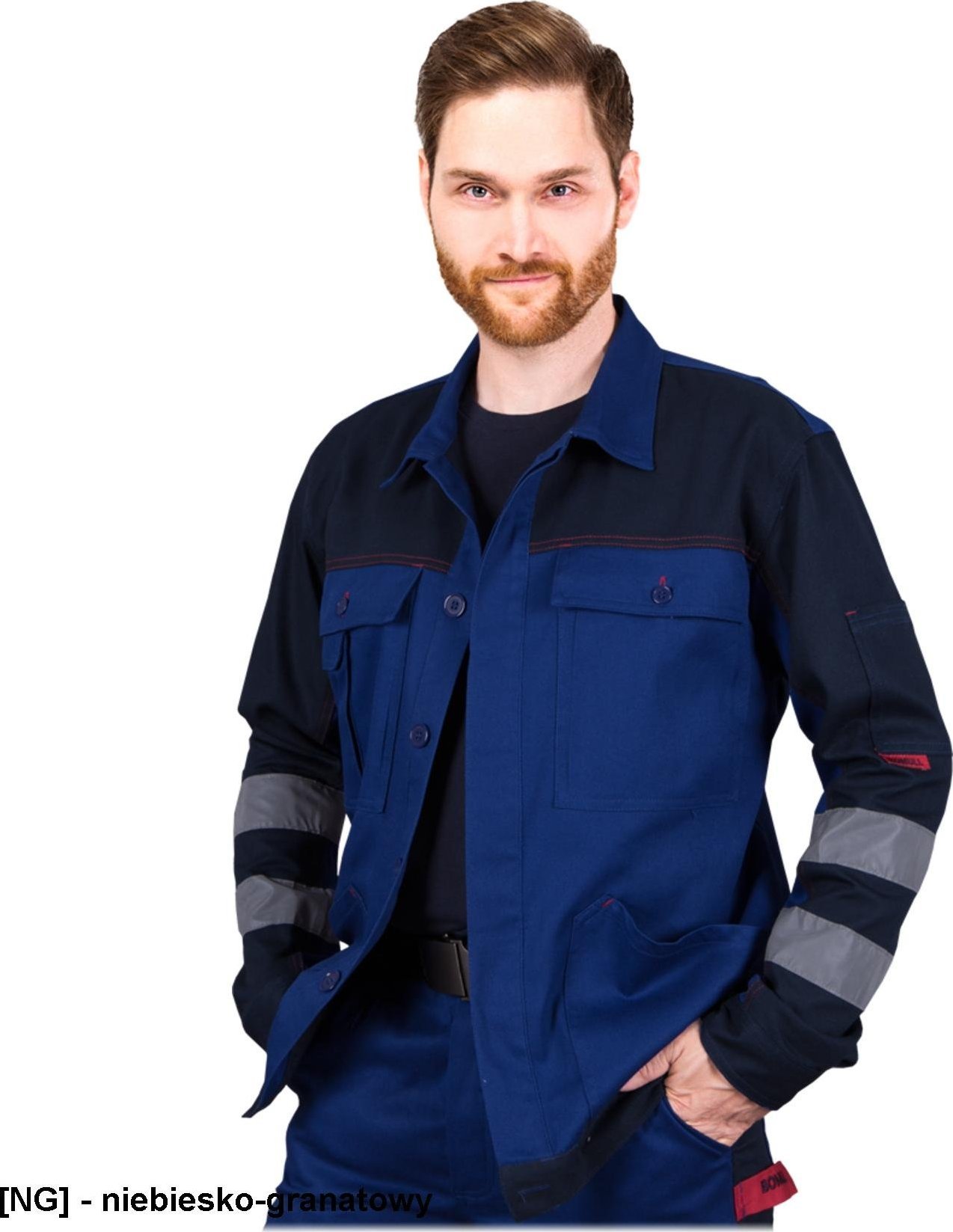 R.E.I.S. BOMULLX-J - bluza ochronna, rękawy pasy odblaskowe, 100% bawełna 260-270 g/m, zapinana na guziki, 6 kieszeni - niebiesko-granatowy 2XL