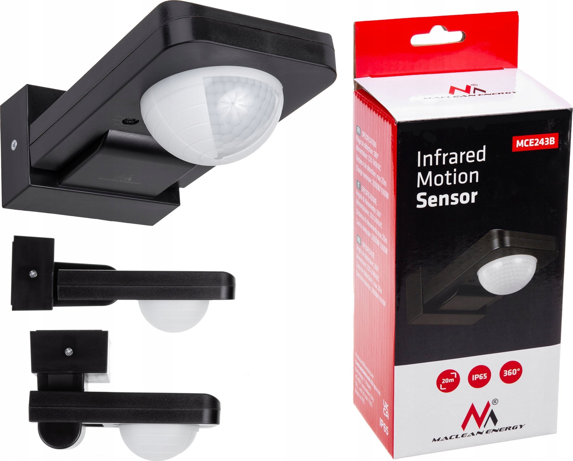 Maclean Czujnik ruchu PIR Maclean MCE243 B na podczerwień, IP65, max 2000W, czarny