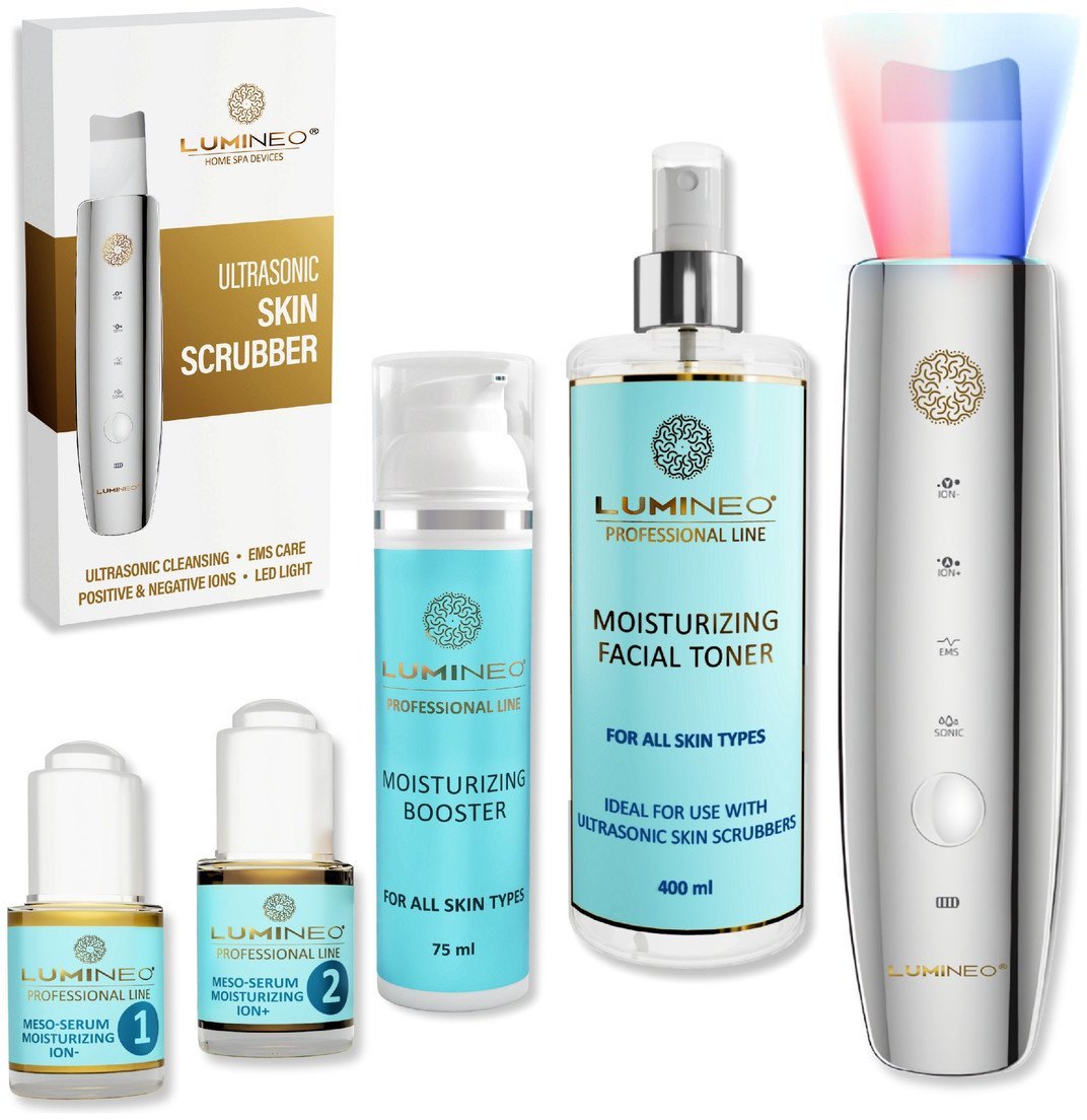 a LUMINEO Professional Line Peeling kawitacyjny LED 5w1 + Zestaw nawilżający Lumineo (Tonik, 2 x Serum, Krem)