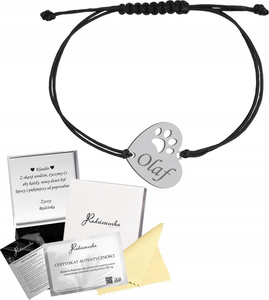 Radziszewska Jewellery Bransoletka Srebrna ŁAPKA KOTA PSA Imię Pupila Serce Sznurek 925 GRAWER