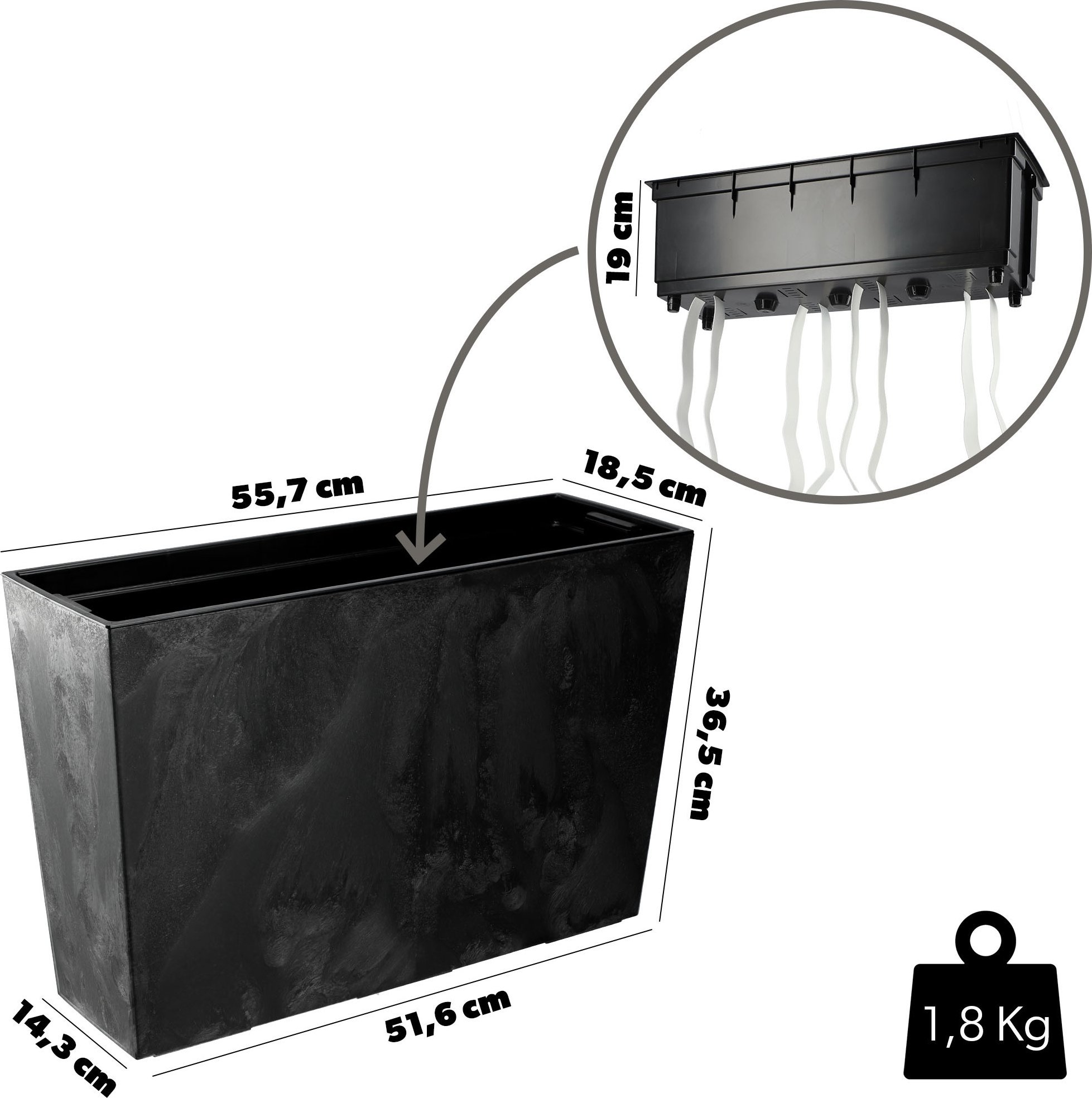 KADAX Doniczka Donica Na Kwiaty Kwietnik Wysoka + Wkład 19x56cm Czarny Beton