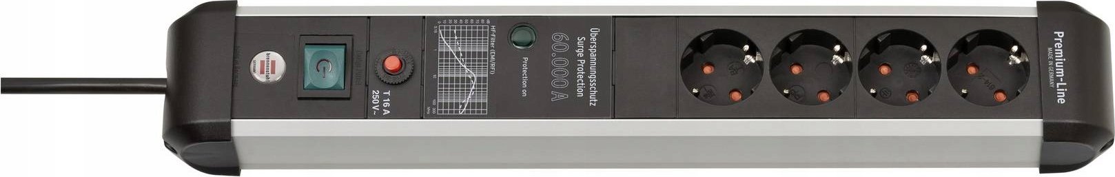 Listwa zasilająca Brennenstuhl Brennenstuhl Premium Protect Line 4-way, power strip (black/silver, 60,000 A surge protection, 3 meters)